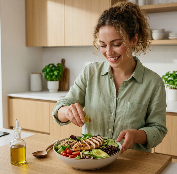 GLP Diet Donna che prepara una ricetta GLP-1-friendly dal suo piano alimentare GLP Diet personalizzato