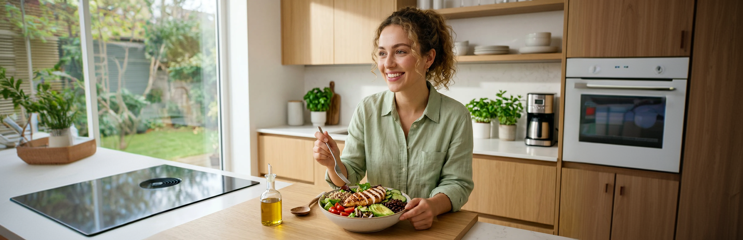 Utente della dieta GLP che si gode un pasto personalizzato GLP-1-friendly – nutrizione bilanciata per una perdita di peso sostenibile a casa