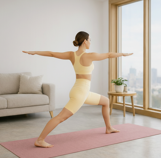 Donna in menopausa che pratica yoga a casa come parte del suo piano benessere per la menopausa Harmony Diet