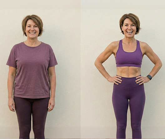 Risultato reale di Harmony Diet - Sarah P. di 52 anni, prima e dopo aver seguito un piano di esercizi personalizzato per la menopausa