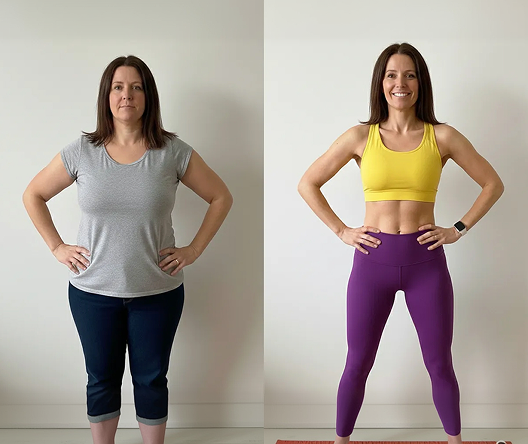 Risultato di recensione onesta di Harmony Diet - Catherine L. di 42 anni, prima e dopo nutrizione per la menopausa e allenamenti a casa per la perdita di peso in menopausa