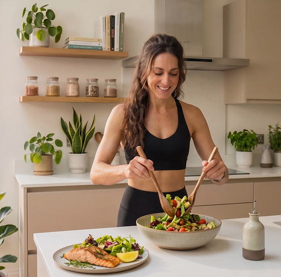 High Diet Donna che prepara un pasto personalizzato ad alto contenuto proteico - Il piano di dimagrimento High.diet in azione