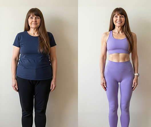 Linda S., usuaria de Nord Pilates de 57 años, muestra sus resultados de pérdida de peso después de seguir el plan personalizado de Nord Pilates