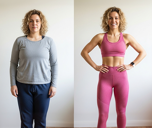 Resultado real de una usuaria de Nord Pilates: Jessica T., de 29 años, antes y después del plan de pilates en casa